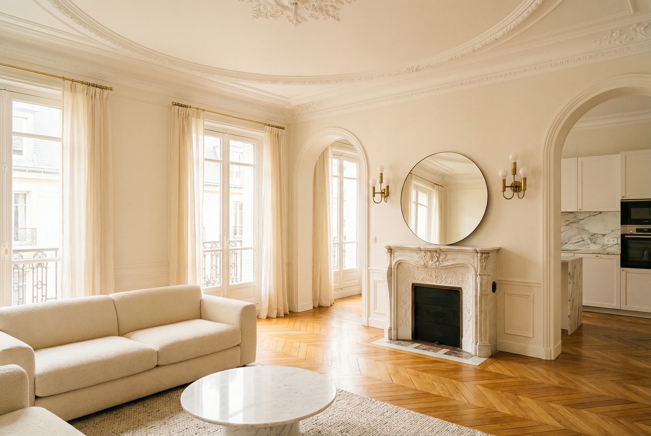 Après rénovation haussmannien Paris VI — moulures blanches parquet miel cuisine cintrée