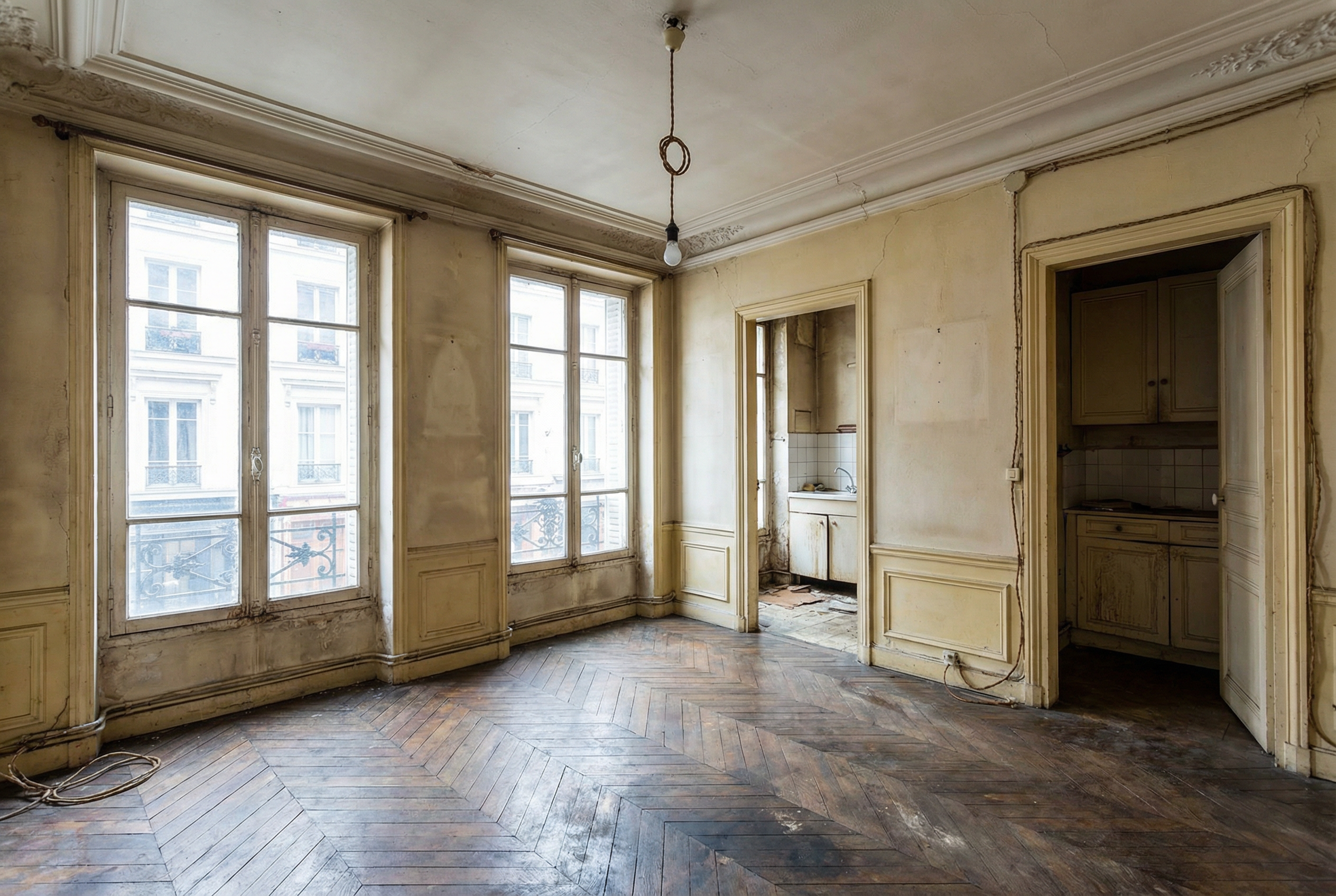 Avant rénovation haussmannien Paris — moulures endommagées parquet usé