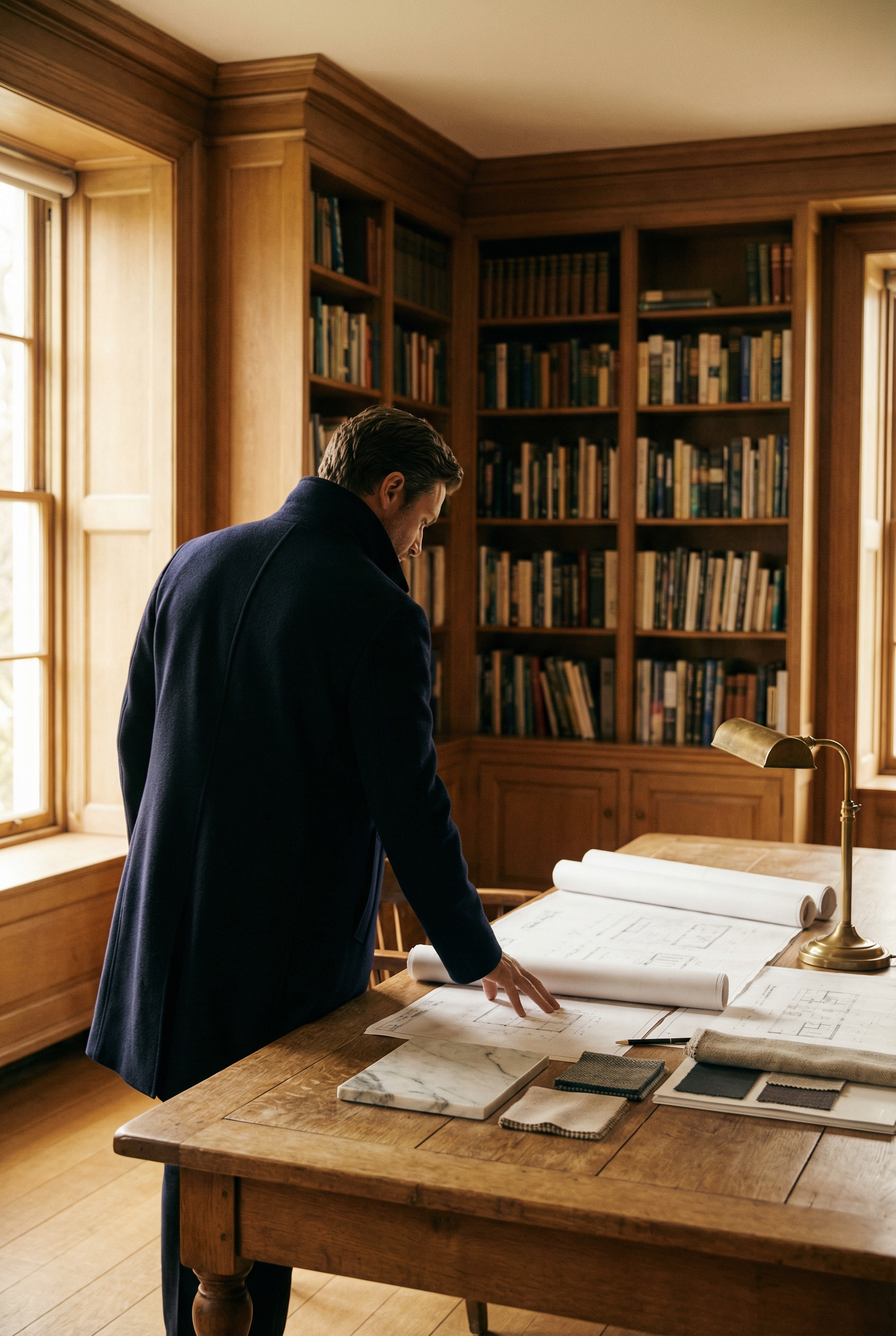 Fondateur Neriah studio architecture intérieure Paris — plans architecturaux, bureau chêne, bibliothèques