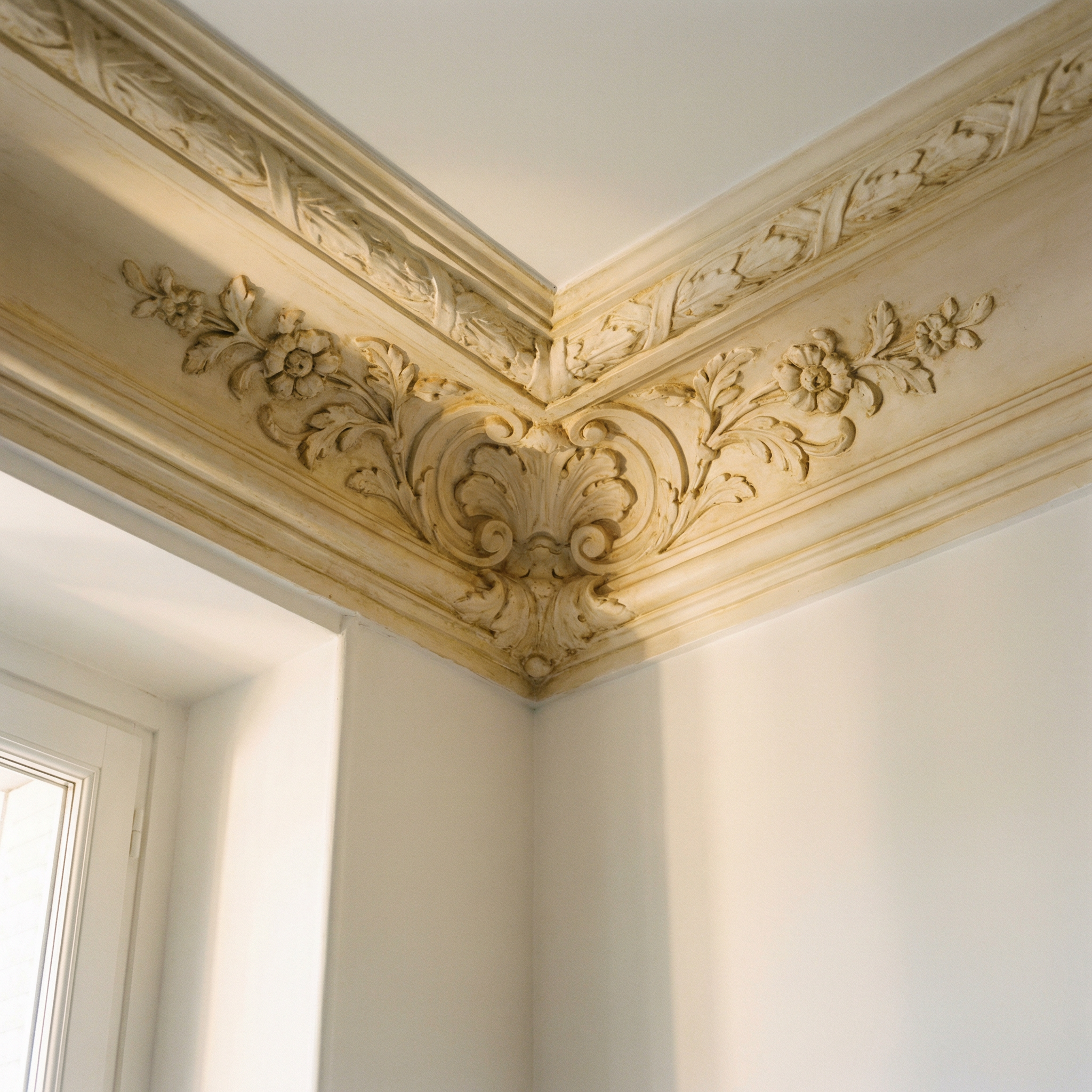 Moulures plafond haussmanniennes — détail rénovation Paris