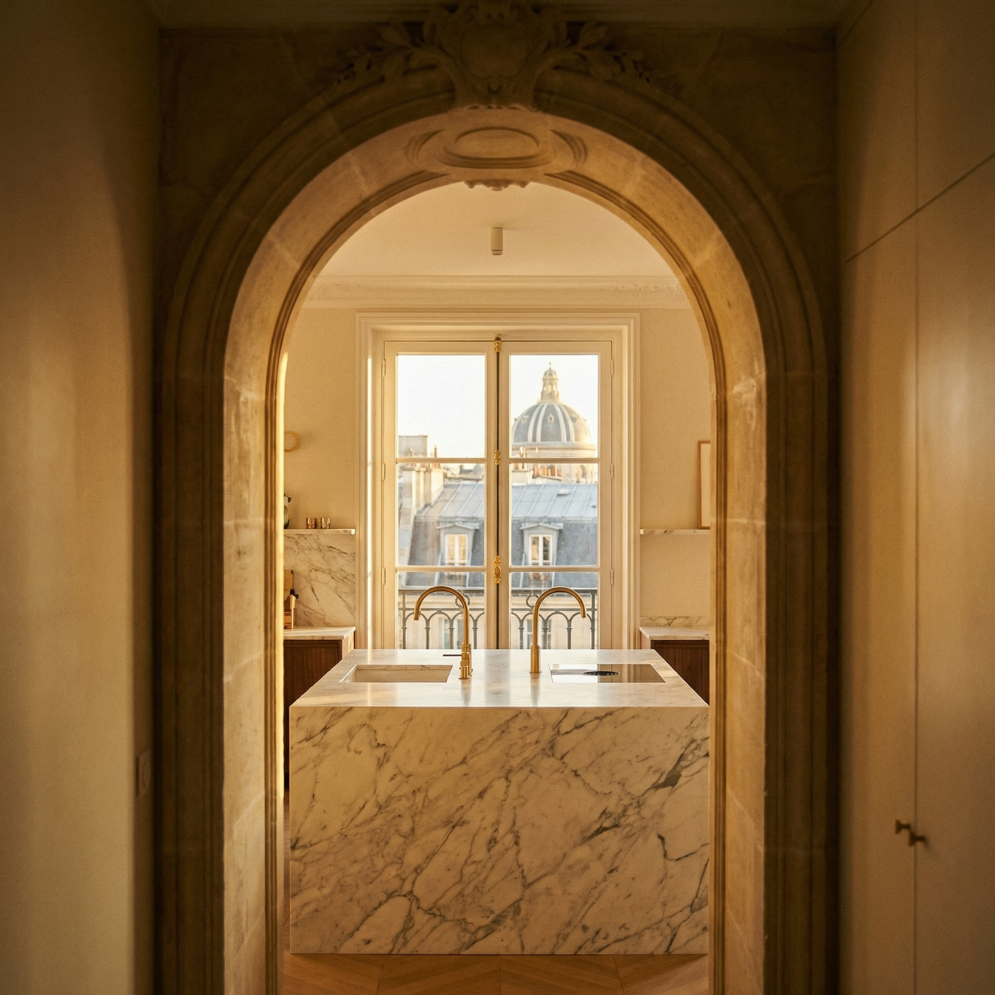 Cuisine arche pierre îlot marbre Calacatta robinets laiton — rénovation cuisine luxe Paris