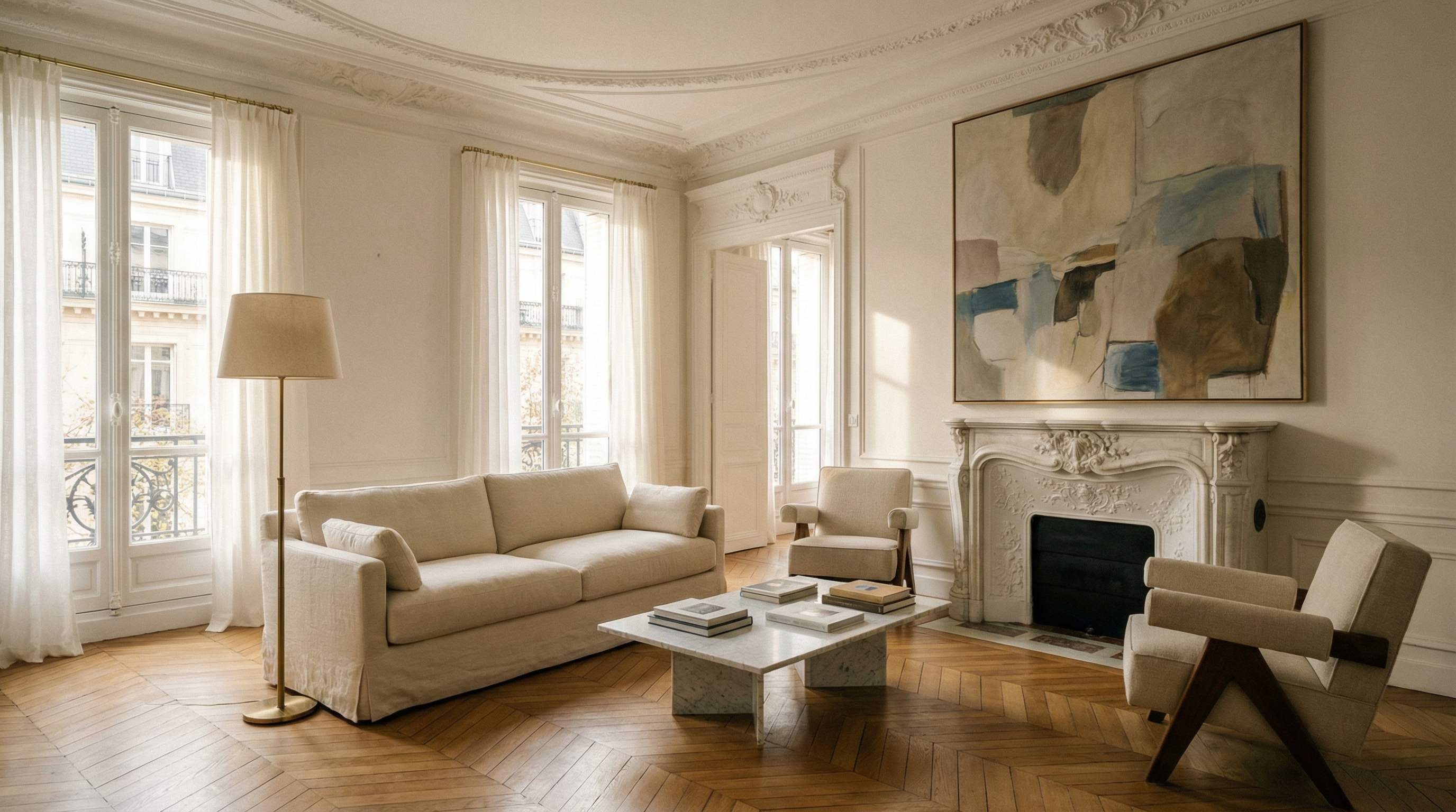Salon haussmannien avec canapé beige, table basse ronde bois et toits parisiens — rénovation intérieure Paris