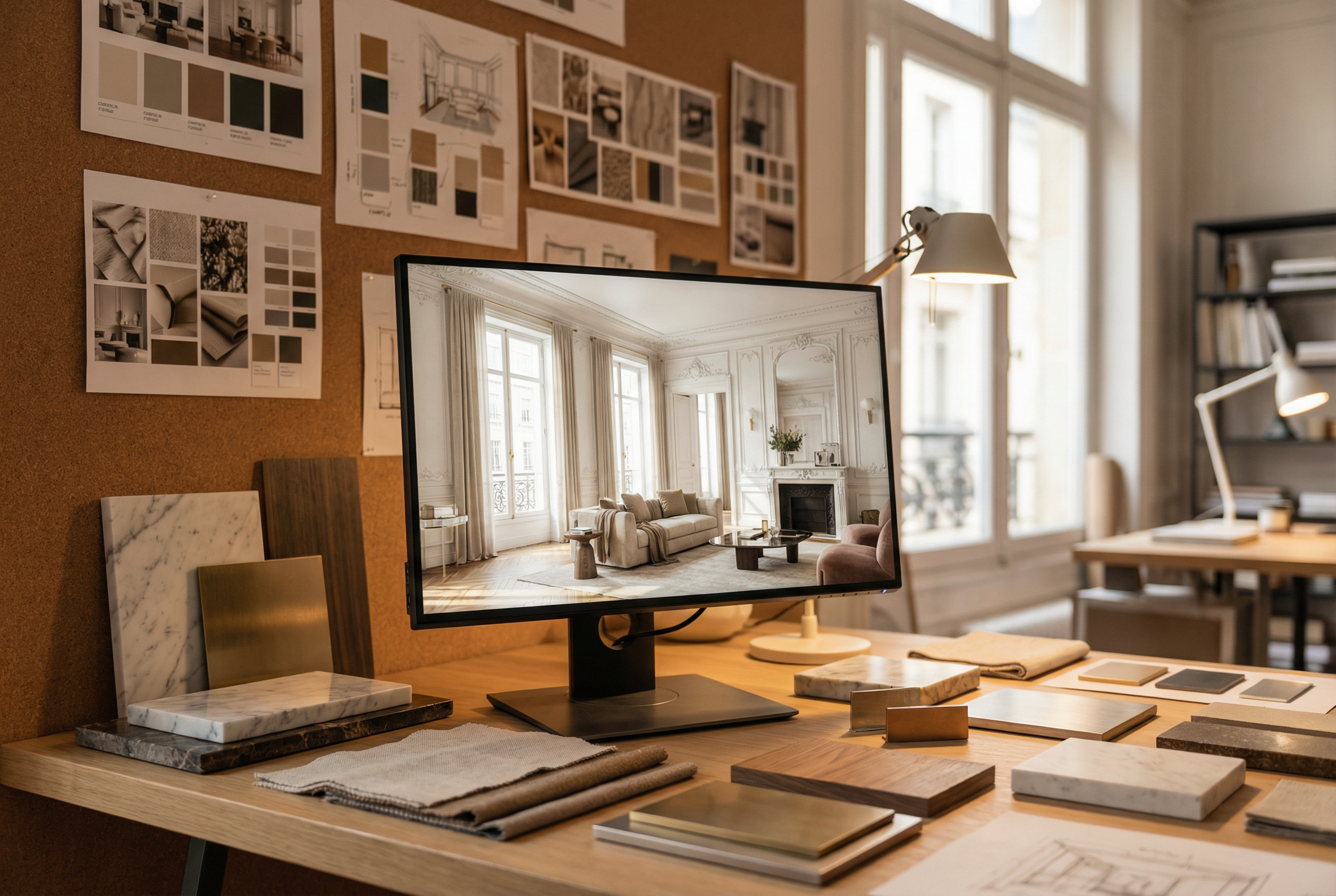Rendu 3D intérieur haussmannien Paris — moodboard matériaux conception architecturale