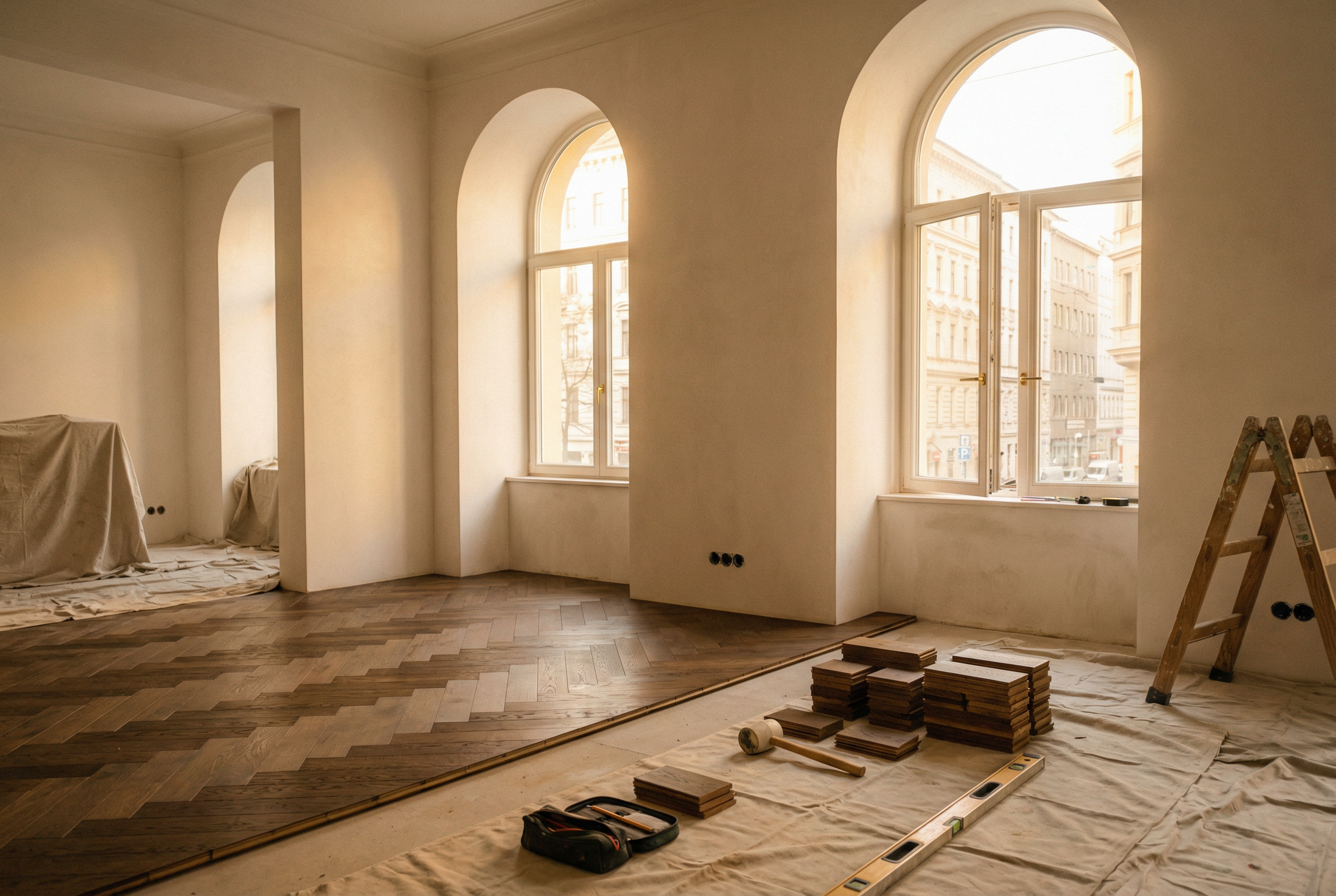Chantier rénovation appartement haussmannien Paris — pose parquet suivi quotidien