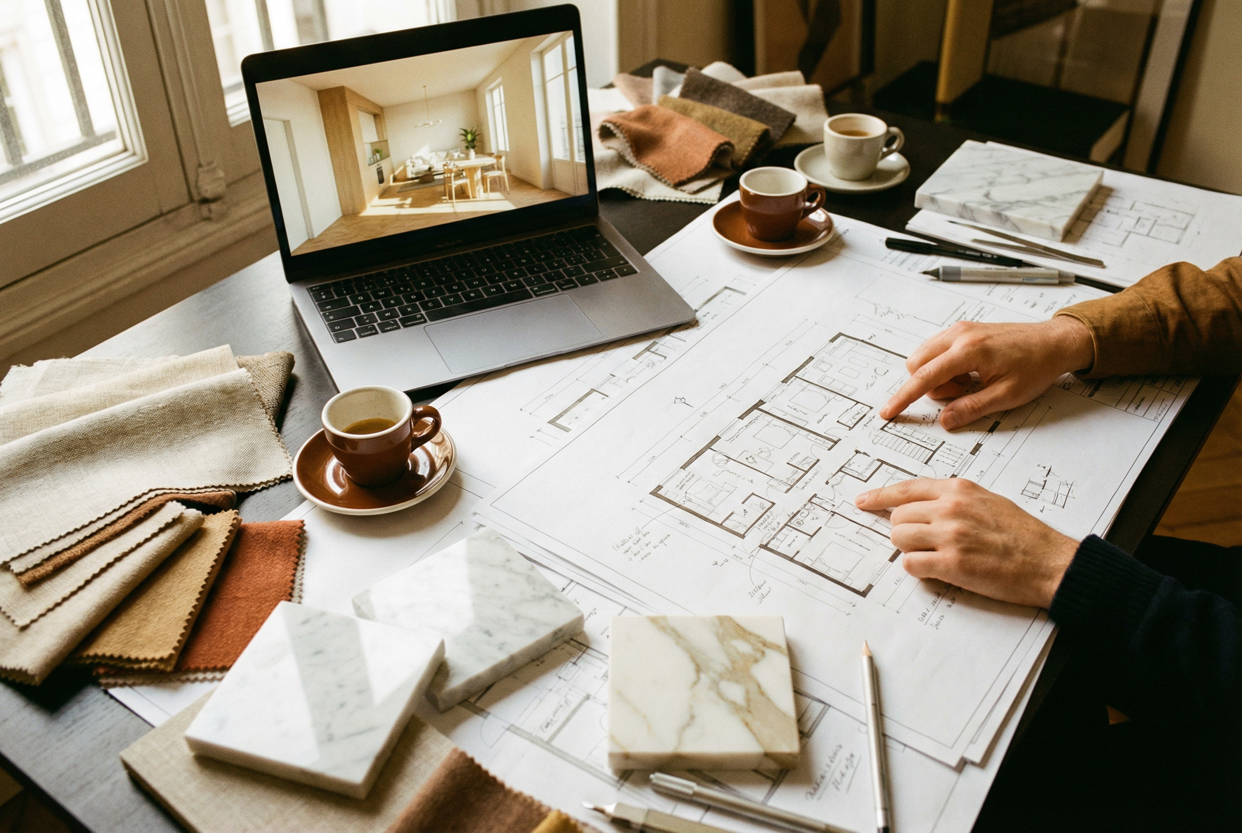 Échange découverte architecte intérieur Paris — plans et rendu 3D sur table