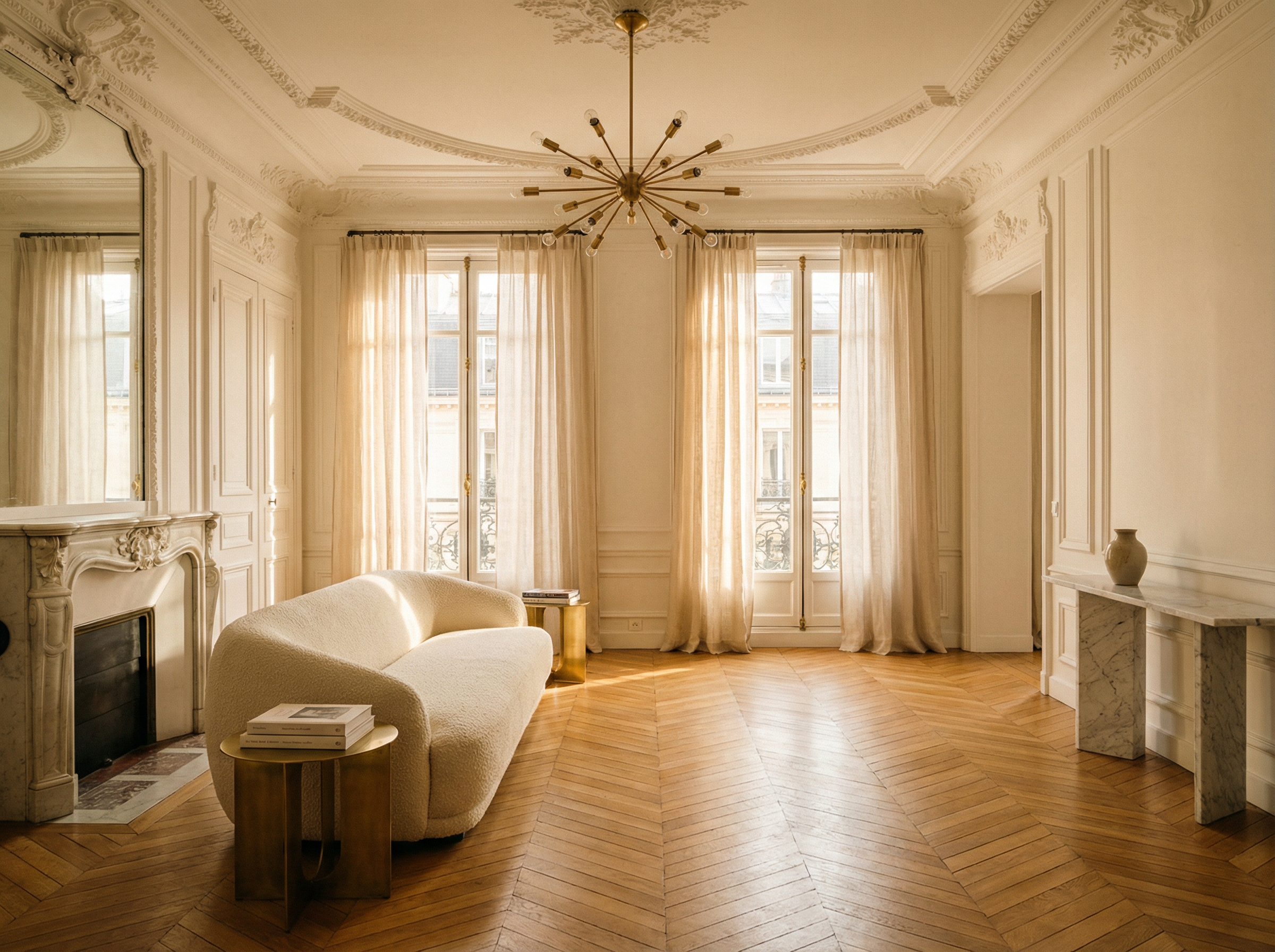 Appartement haussmannien rénové Saint-Germain-des-Prés — canapé crème, cheminée marbre, parquet chevron