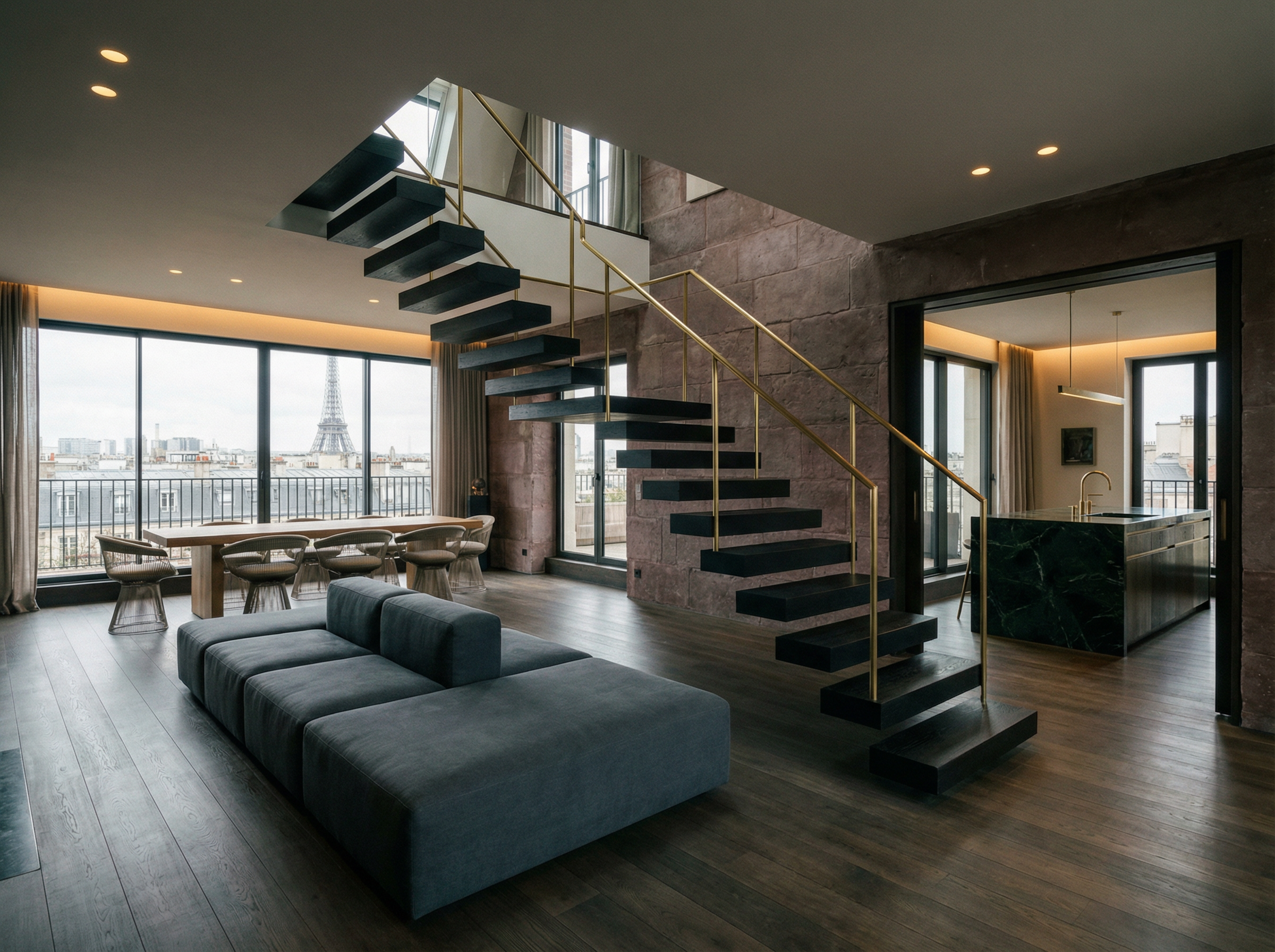 Duplex contemporain Paris 8 Triangle d'Or — escalier suspendu laiton, vue Tour Eiffel