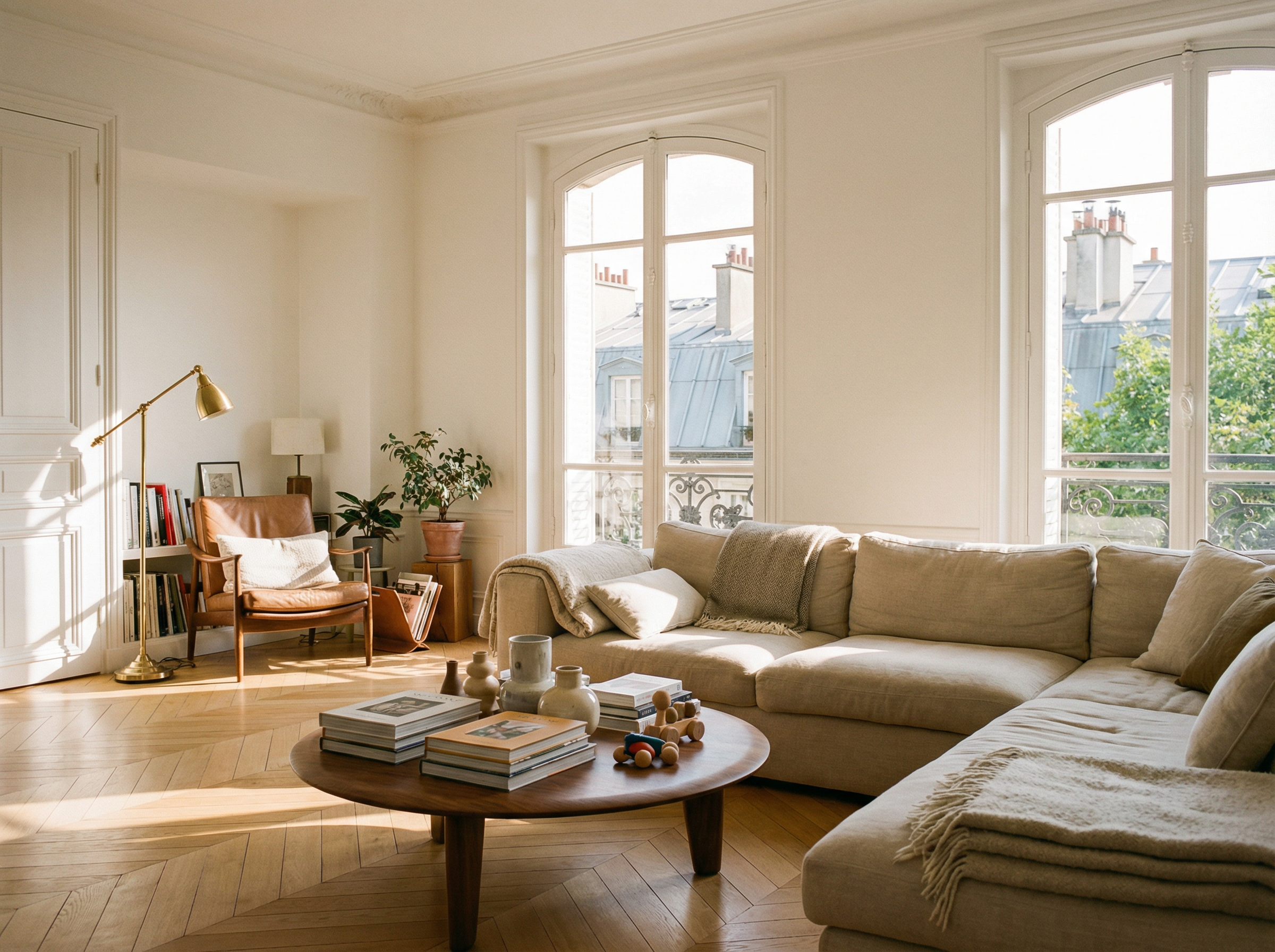 Appartement familial rénové Trocadéro Paris 16 — canapé crème, grandes fenêtres toits Paris